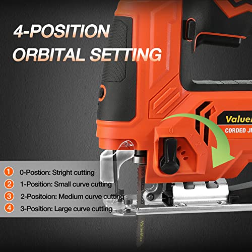 ValueMax Jig Saw, 6.5AMP Corded Electric Jigsaw with 6 Variable Speeds, 4-Position Orbital Setting, ±45° Bevel, Dust Blower and 6Pc Blades, Jigsaw Tool Kit for Wood, Metal and Plastic Cutting