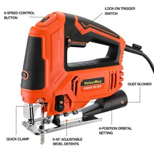 ValueMax Jig Saw, 6.5AMP Corded Electric Jigsaw with 6 Variable Speeds, 4-Position Orbital Setting, ±45° Bevel, Dust Blower and 6Pc Blades, Jigsaw Tool Kit for Wood, Metal and Plastic Cutting