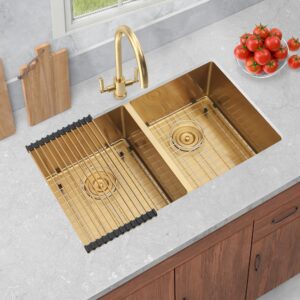 LQS Undermount Kitchen Sink Double Bowl 31 Inch Gold Colour, Stainless Steel Double Bowl Kitchen Sink, Double Bowl Kitchen Sinks with Accessories