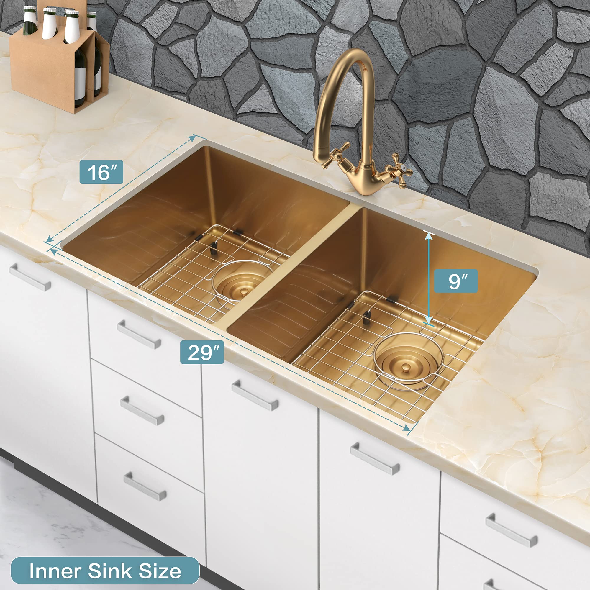 LQS Undermount Kitchen Sink Double Bowl 31 Inch Gold Colour, Stainless Steel Double Bowl Kitchen Sink, Double Bowl Kitchen Sinks with Accessories
