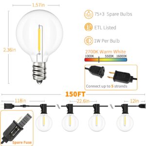 Svater Outdoor String Lights 150FT, Patio Lights with 75+3 Shatterproof LED Bulbs, Outside Plastic Hanging Globe Lights for Backyard Cafe Market Bistro, Dimmable Warm White 2700K