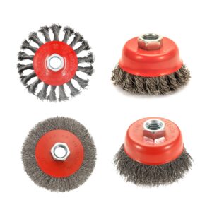auprex 4 pack wire wheel brush for angle grinder, 4 inch angle grinder wire wheel set, 3 inch wire cup brush for 4 1/2 angle grinder, 5/8”-11 thread arbor, twist knotted coarse crimped wire brush set