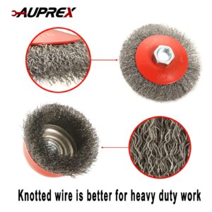 AUPREX 4 Pack Wire Wheel Brush for Angle Grinder, 4 Inch Angle Grinder Wire Wheel Set, 3 Inch Wire Cup Brush for 4 1/2 Angle Grinder, 5/8”-11 Thread Arbor, Twist Knotted Coarse Crimped Wire Brush Set