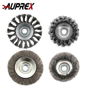 AUPREX 4 Pack Wire Wheel Brush for Angle Grinder, 4 Inch Angle Grinder Wire Wheel Set, 3 Inch Wire Cup Brush for 4 1/2 Angle Grinder, 5/8”-11 Thread Arbor, Twist Knotted Coarse Crimped Wire Brush Set