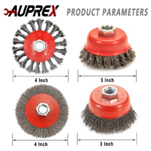 AUPREX 4 Pack Wire Wheel Brush for Angle Grinder, 4 Inch Angle Grinder Wire Wheel Set, 3 Inch Wire Cup Brush for 4 1/2 Angle Grinder, 5/8”-11 Thread Arbor, Twist Knotted Coarse Crimped Wire Brush Set