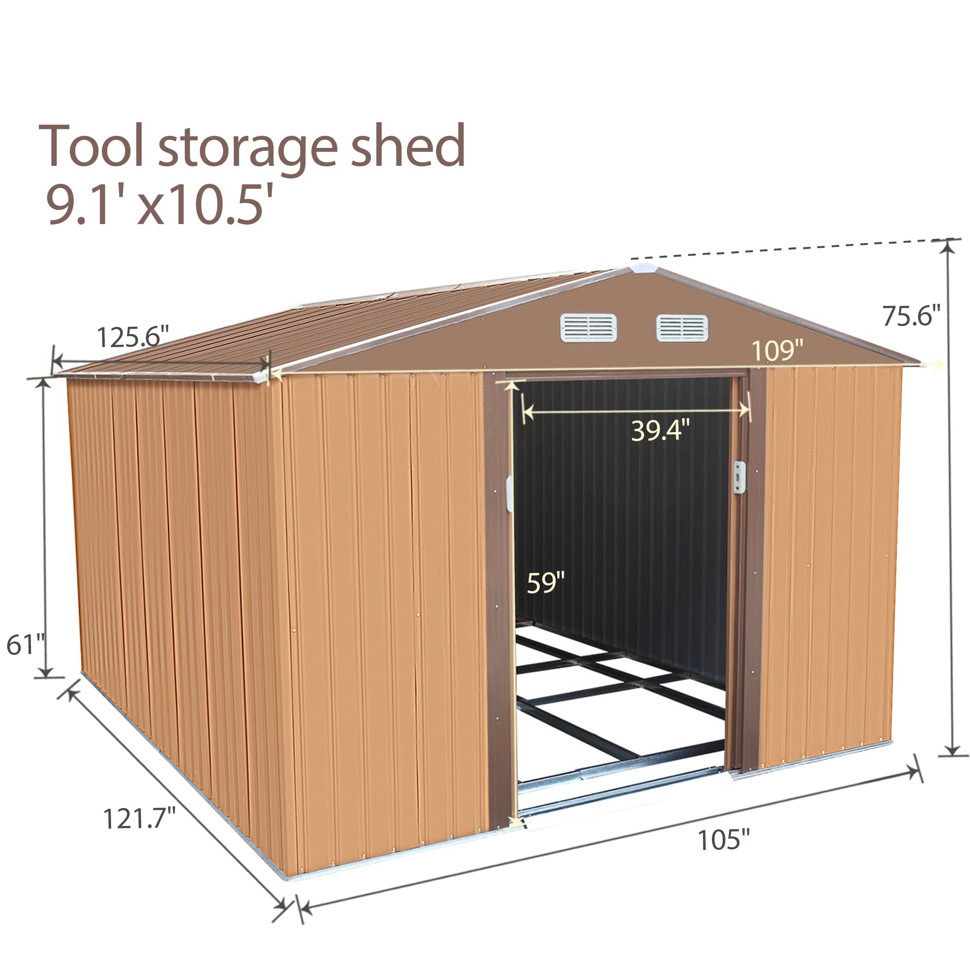 NBTiger 9.1’ x 10.5’ Large Outdoor Storage Shed, Sturdy Utility Tool Lawn Mower Equipment Organizer for Backyard Garden w/Gable Roof, Lockable Sliding Door, Vents, Floor Frame - Coffee