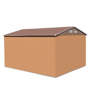 NBTiger 9.1’ x 10.5’ Large Outdoor Storage Shed, Sturdy Utility Tool Lawn Mower Equipment Organizer for Backyard Garden w/Gable Roof, Lockable Sliding Door, Vents, Floor Frame - Coffee
