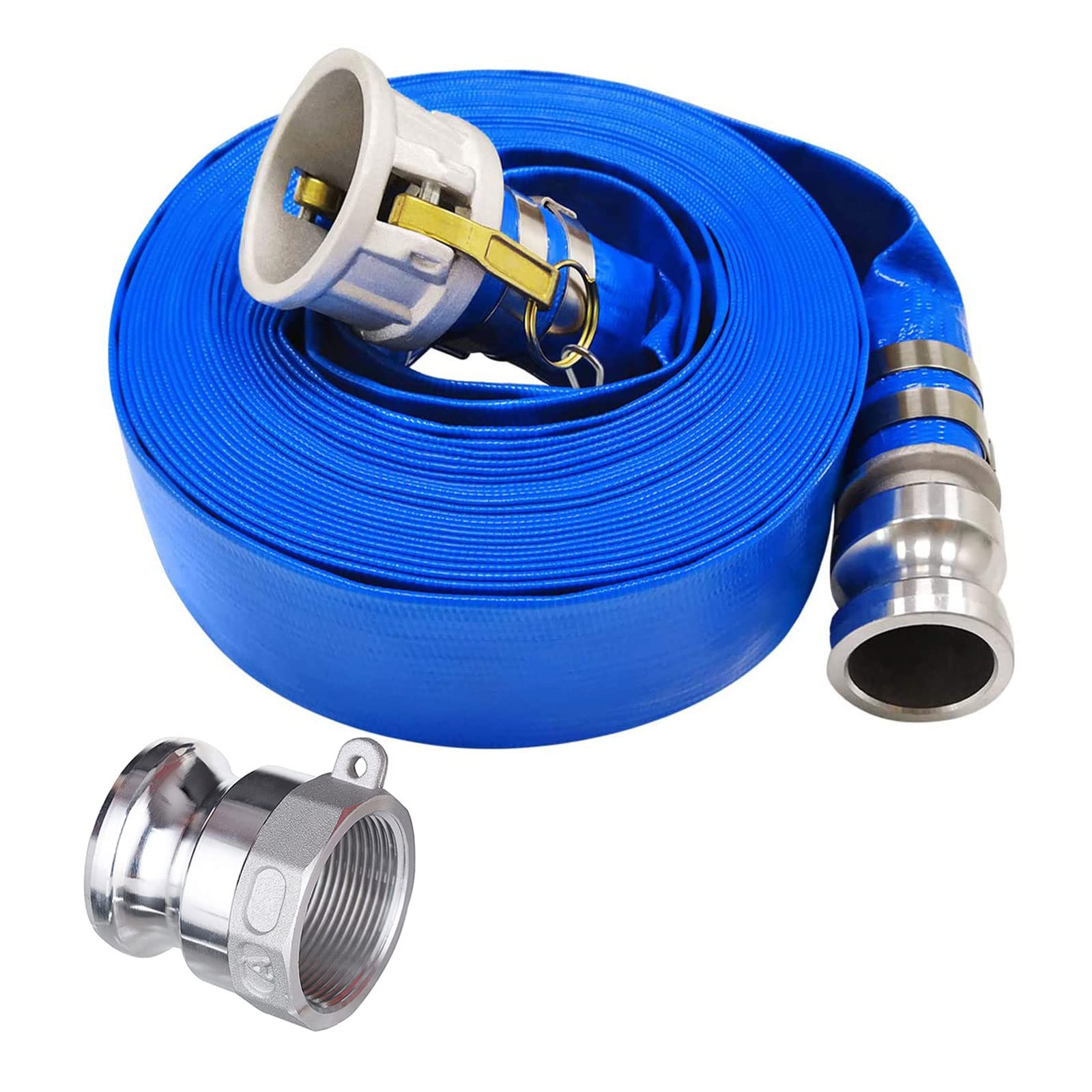 2" x 100' Blue PVC Backwash Hose for Swimming Pools, Heavy Duty Discharge Hose Reinforced Pool Drain Hose, with 2 inch Type A Cam and Groove Hose Fitting