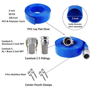 2" x 100' Blue PVC Backwash Hose for Swimming Pools, Heavy Duty Discharge Hose Reinforced Pool Drain Hose, with 2 inch Type A Cam and Groove Hose Fitting