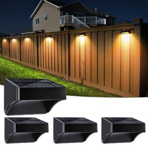 amiluo solar fence lights 4 pack warm white & 8 rgb fixed colors, solar outdoor wall lights ip65 waterproof fence solar light, color glow light outside solar deck light for backyard wall step holiday