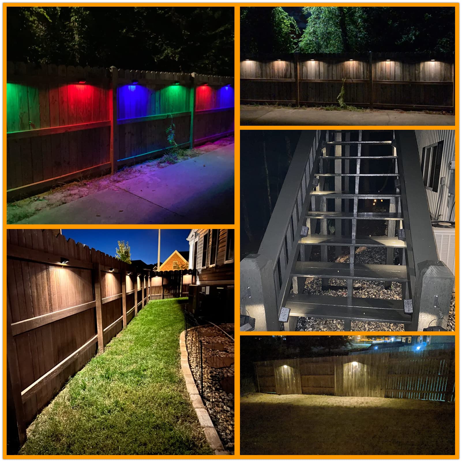 Amiluo Solar Fence Lights 4 Pack Warm White & 8 RGB Fixed Colors, Solar Outdoor Wall Lights IP65 Waterproof Fence Solar Light, Color Glow Light Outside Solar Deck Light for Backyard Wall Step Holiday