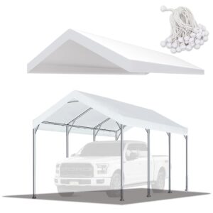 tgehap 10'x20' carport replacement top canopy cover white for car garage top tarp shelter waterproof & uv protected w/ball bungees (only top cover, frame is not included)