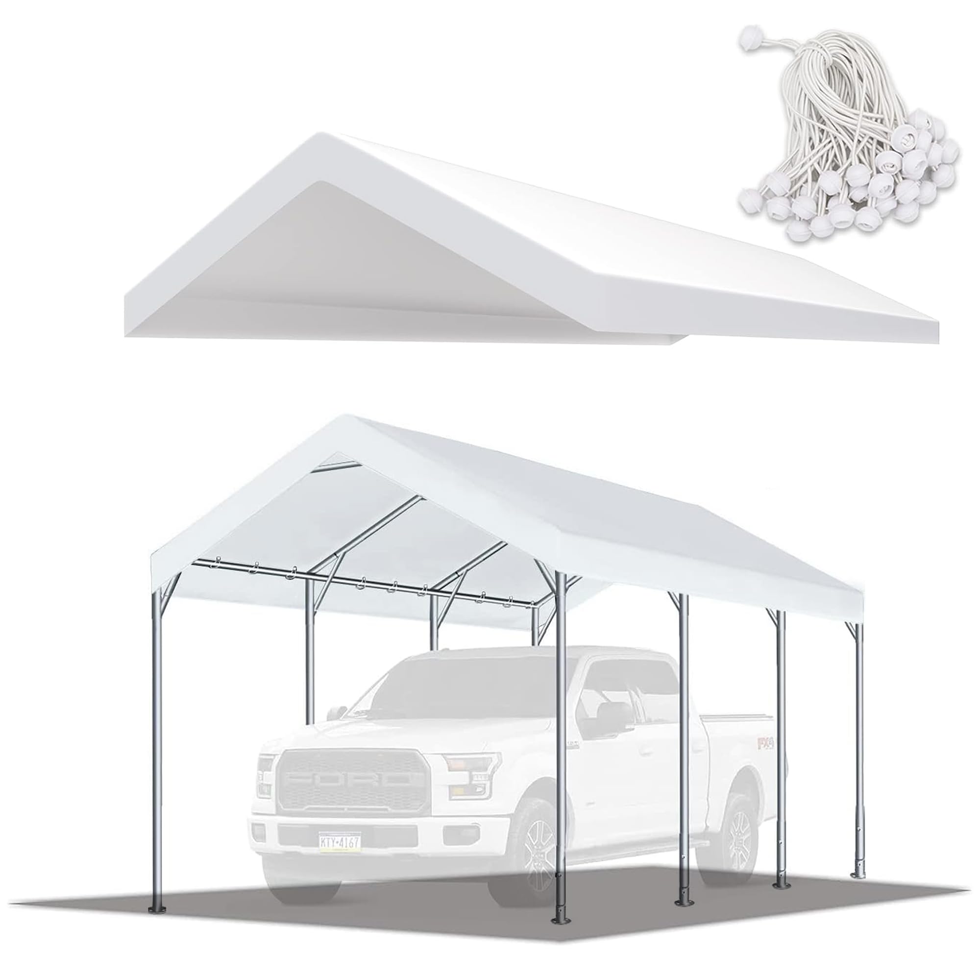 TGEHAP 10'x20' Carport Replacement Top Canopy Cover White for Car Garage Top Tarp Shelter Waterproof & UV Protected w/Ball Bungees (Only Top Cover, Frame is not Included)