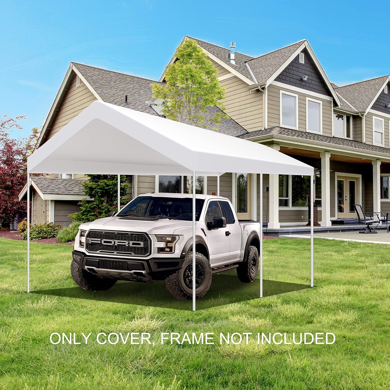 TGEHAP 10'x20' Carport Replacement Top Canopy Cover White for Car Garage Top Tarp Shelter Waterproof & UV Protected w/Ball Bungees (Only Top Cover, Frame is not Included)
