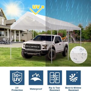 TGEHAP 10'x20' Carport Replacement Top Canopy Cover White for Car Garage Top Tarp Shelter Waterproof & UV Protected w/Ball Bungees (Only Top Cover, Frame is not Included)