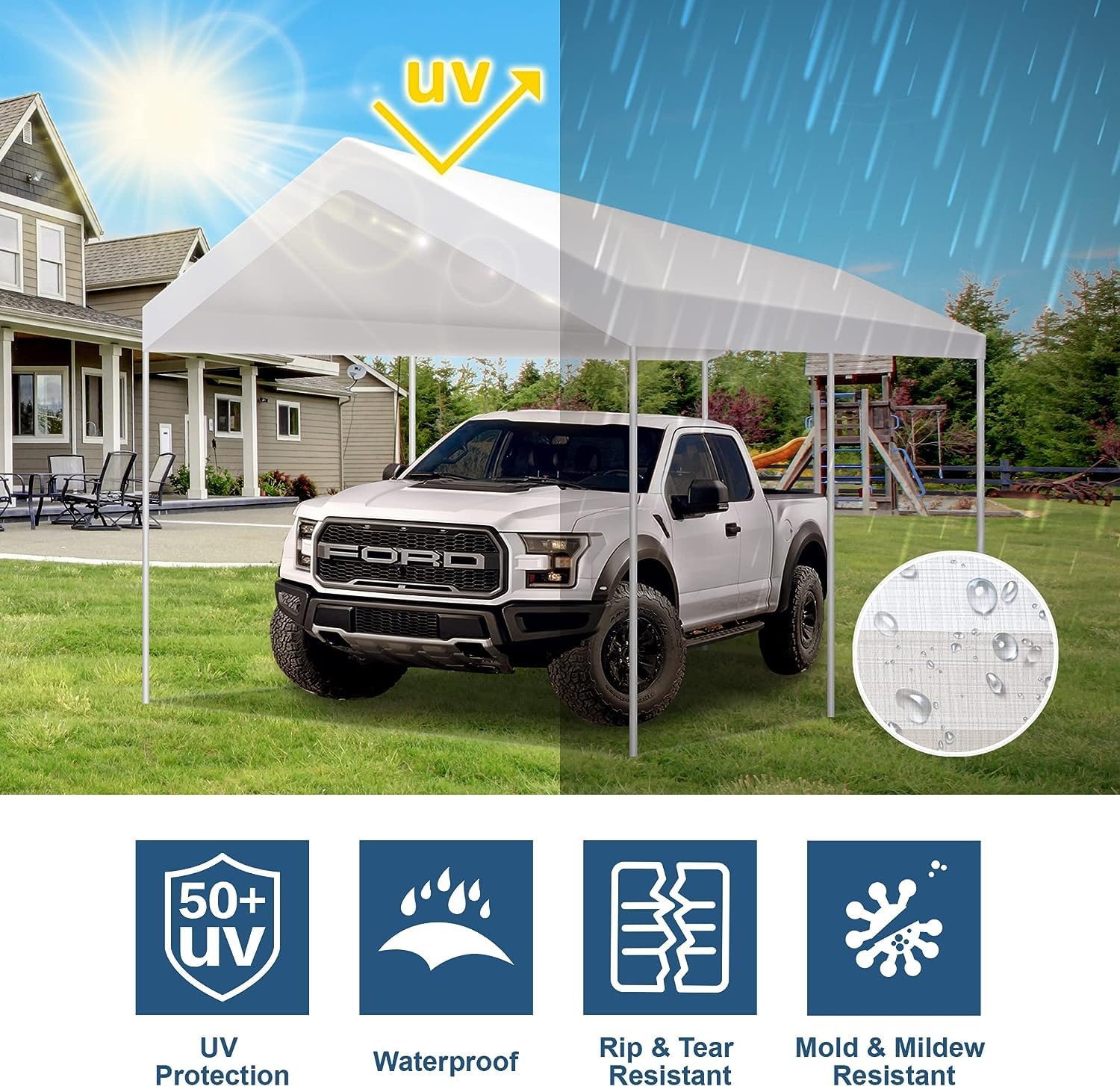 TGEHAP 10'x20' Carport Replacement Top Canopy Cover White for Car Garage Top Tarp Shelter Waterproof & UV Protected w/Ball Bungees (Only Top Cover, Frame is not Included)