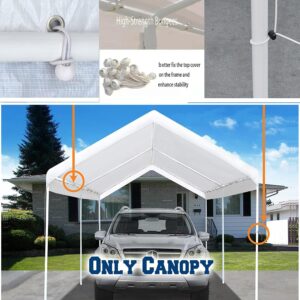 TGEHAP 10'x20' Carport Replacement Top Canopy Cover White for Car Garage Top Tarp Shelter Waterproof & UV Protected w/Ball Bungees (Only Top Cover, Frame is not Included)