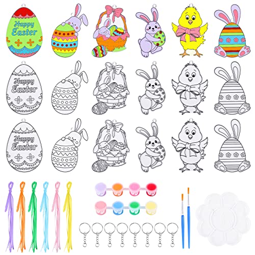 ADXCO 18 Pieces Easter Suncatchers Craft Kit DIY Easter Window Paint Art Kit Easter Sun Catchers Ornaments in 6 Designs with Ribbons Color Pigment and Key Rings for Kid Party Favors