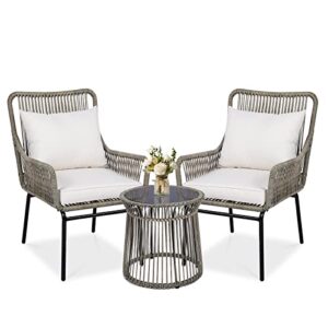 vivijason 3-piece patio conversation bistro set, all-weather wicker outdoor modern furniture small balcony chat set w/ 2 rattan chairs, cushions, glass top side table for porch backyard, grey