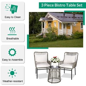 VIVIJASON 3-Piece Patio Conversation Bistro Set, All-Weather Wicker Outdoor Modern Furniture Small Balcony Chat Set w/ 2 Rattan Chairs, Cushions, Glass Top Side Table for Porch Backyard, Grey