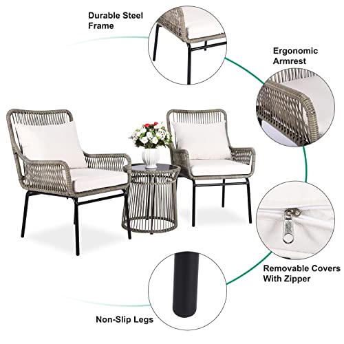 VIVIJASON 3-Piece Patio Conversation Bistro Set, All-Weather Wicker Outdoor Modern Furniture Small Balcony Chat Set w/ 2 Rattan Chairs, Cushions, Glass Top Side Table for Porch Backyard, Grey