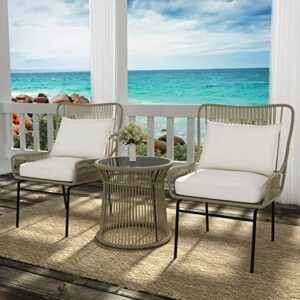 VIVIJASON 3-Piece Patio Conversation Bistro Set, All-Weather Wicker Outdoor Modern Furniture Small Balcony Chat Set w/ 2 Rattan Chairs, Cushions, Glass Top Side Table for Porch Backyard, Grey
