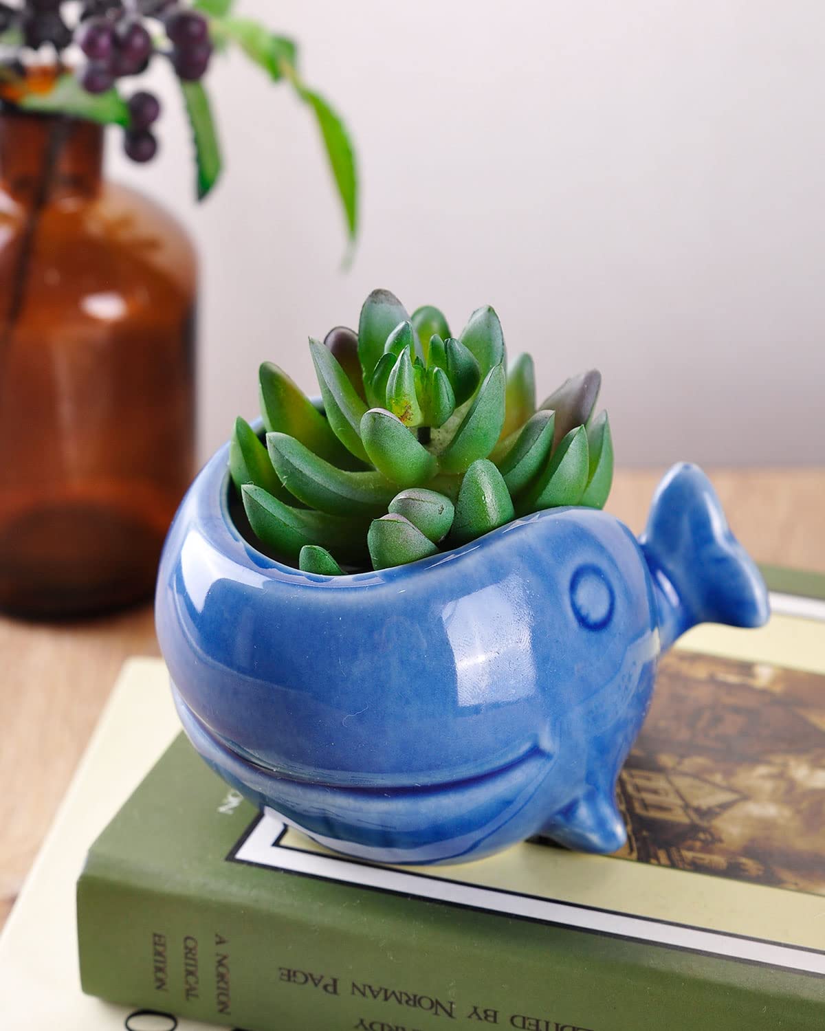 VanEnjoy 5" Ceramic Succulent Pot, Cute Ocean Blue Seashell Series, Conch Shaped Cactus Pot Planter, Flower Pot, Pottery Bonsai Pot (Dark Blue Whale)