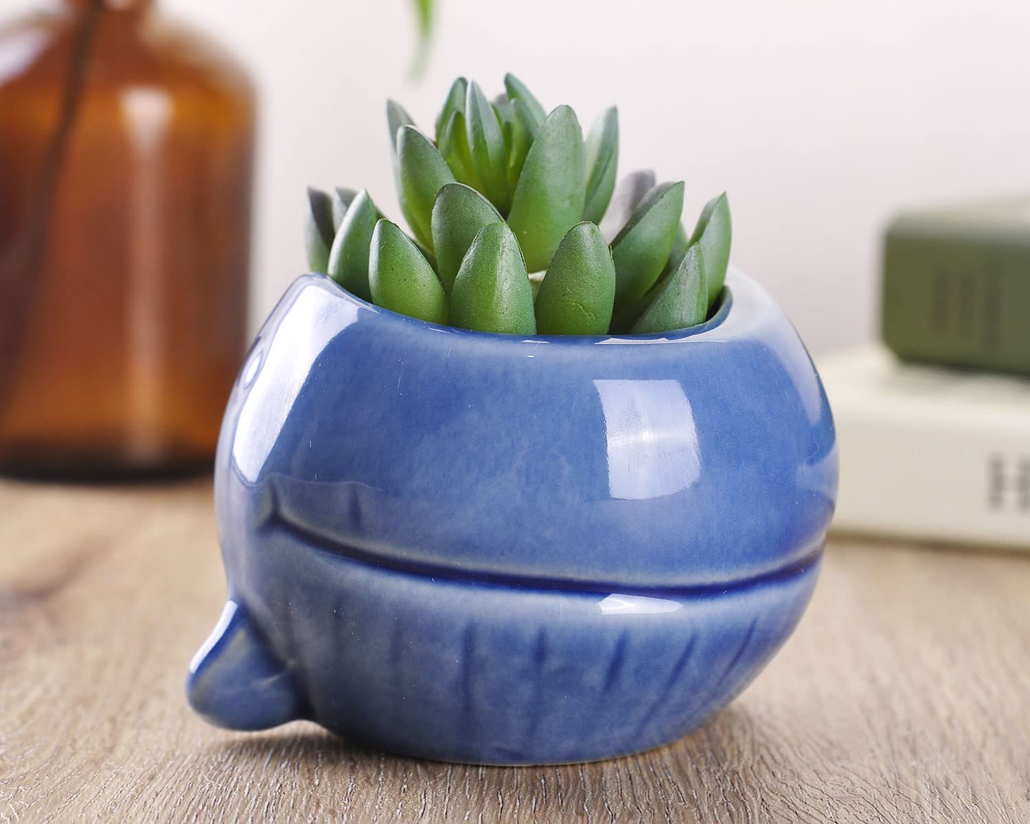 VanEnjoy 5" Ceramic Succulent Pot, Cute Ocean Blue Seashell Series, Conch Shaped Cactus Pot Planter, Flower Pot, Pottery Bonsai Pot (Dark Blue Whale)