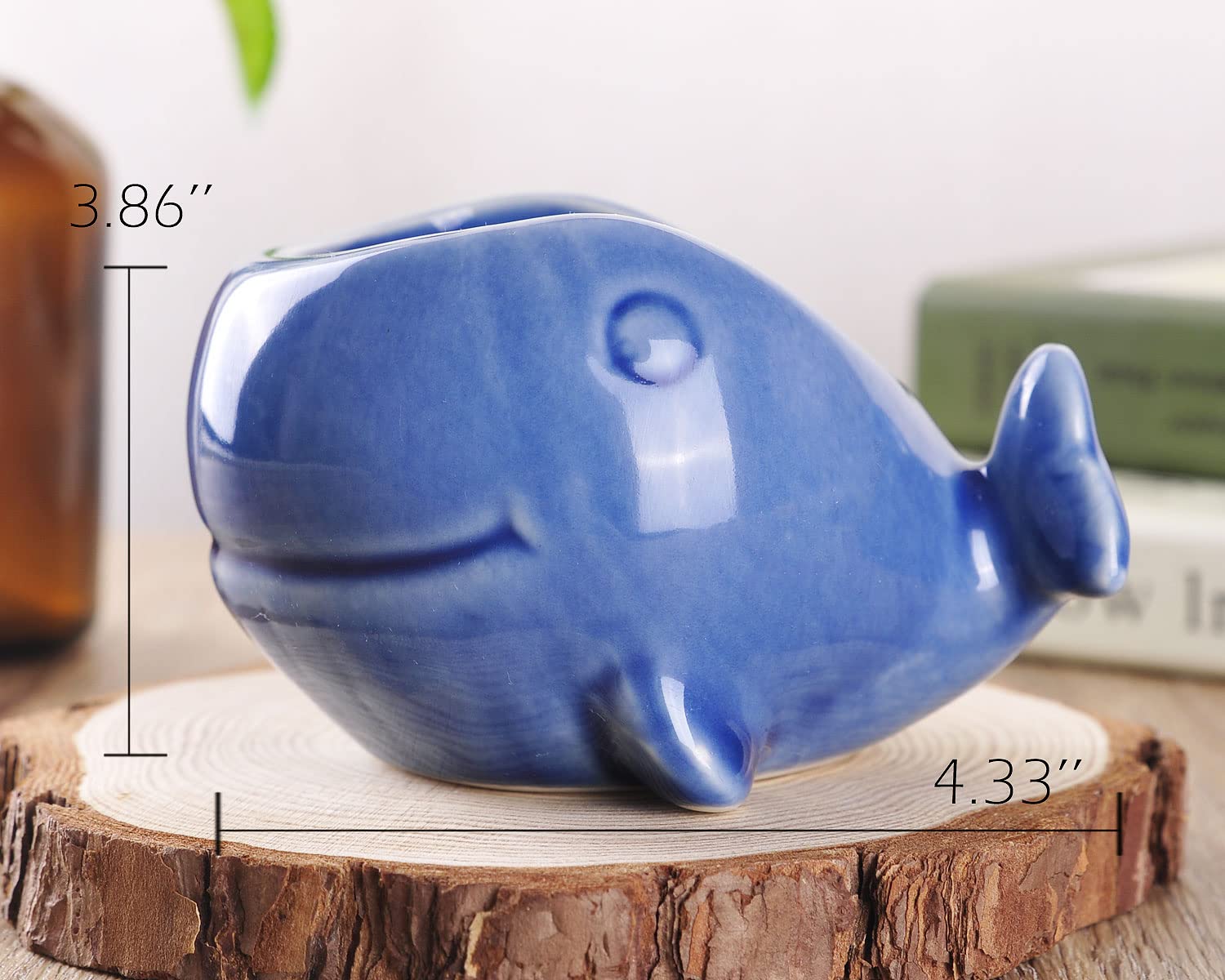 VanEnjoy 5" Ceramic Succulent Pot, Cute Ocean Blue Seashell Series, Conch Shaped Cactus Pot Planter, Flower Pot, Pottery Bonsai Pot (Dark Blue Whale)