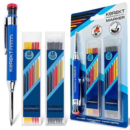 Solid Metal Barrel Mechanical Carpenter Pencil Set with 12 Refills, Construction Marker Tool with Built-in Sharpener for Woodworking, Holder with Long Nose for Deep Hole Marking, Welding and Carpentry