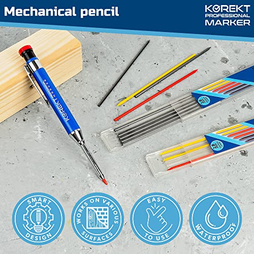 Solid Metal Barrel Mechanical Carpenter Pencil Set with 12 Refills, Construction Marker Tool with Built-in Sharpener for Woodworking, Holder with Long Nose for Deep Hole Marking, Welding and Carpentry