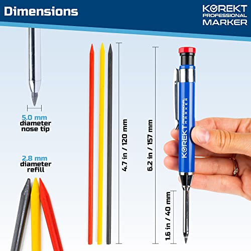 Solid Metal Barrel Mechanical Carpenter Pencil Set with 12 Refills, Construction Marker Tool with Built-in Sharpener for Woodworking, Holder with Long Nose for Deep Hole Marking, Welding and Carpentry