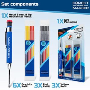 Solid Metal Barrel Mechanical Carpenter Pencil Set with 12 Refills, Construction Marker Tool with Built-in Sharpener for Woodworking, Holder with Long Nose for Deep Hole Marking, Welding and Carpentry