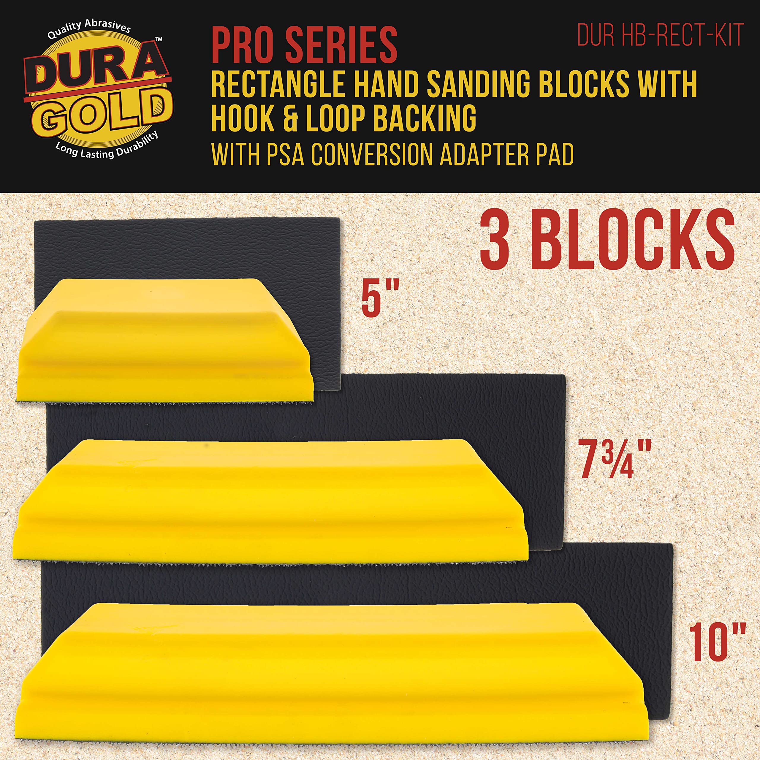 Dura-Gold Pro Series Classic Rectangle Hand Sanding Block Kit with 3 Blocks, 5", 7-3/4" and 10" Set, Hook & Loop Backing and PSA Sandpaper Conversion Adapter Pad - Auto Paint Prep Sand Woodworking