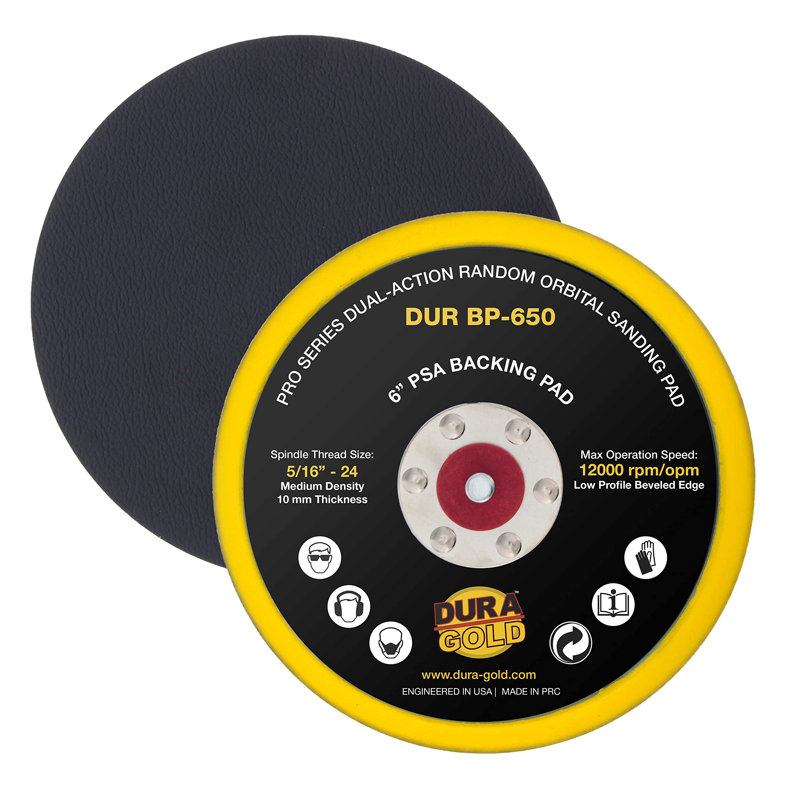 Dura-Gold Pro Series 6" PSA DA Sander Backing Plate Pad - Flexible Low Profile Edge, Dual-Action Random Orbital Sanding Pad, Vinyl Faced For Self-Adhesive Stickyback Sandpaper Discs - Auto Woodworking