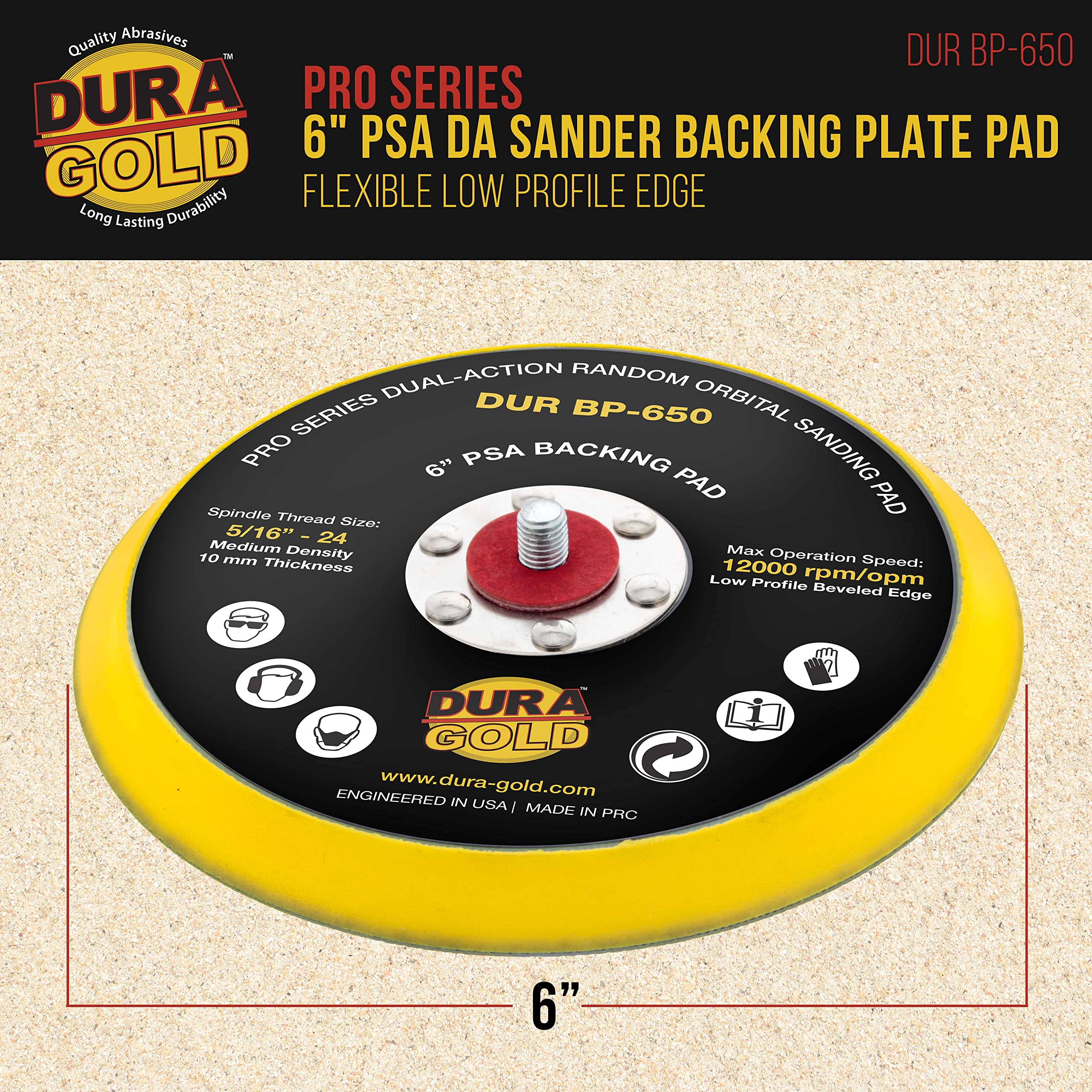 Dura-Gold Pro Series 6" PSA DA Sander Backing Plate Pad - Flexible Low Profile Edge, Dual-Action Random Orbital Sanding Pad, Vinyl Faced For Self-Adhesive Stickyback Sandpaper Discs - Auto Woodworking