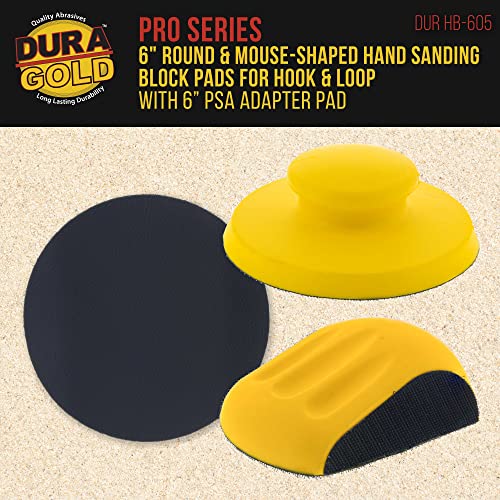 Dura-Gold Pro Series 6" Round & Mouse-Shaped Hand Sanding Block Pads for Hook & Loop and PSA 6" DA Sanding Discs - PSA Sandpaper Conversion Adapter Pad - Automotive Sand Polish Woodworking Furniture