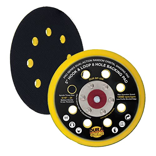 Dura-Gold Pro Series 5" Hook & Loop DA Backing Plate Pad, 8 Hole Pattern Dustless - Low Profile Edge, Medium Density, Dual-Action Random Orbital Sanding Pad, Sander Polisher Auto Woodworking Sandpaper