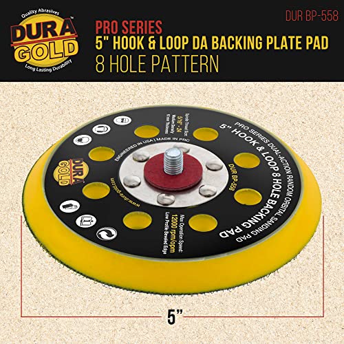 Dura-Gold Pro Series 5" Hook & Loop DA Backing Plate Pad, 8 Hole Pattern Dustless - Low Profile Edge, Medium Density, Dual-Action Random Orbital Sanding Pad, Sander Polisher Auto Woodworking Sandpaper