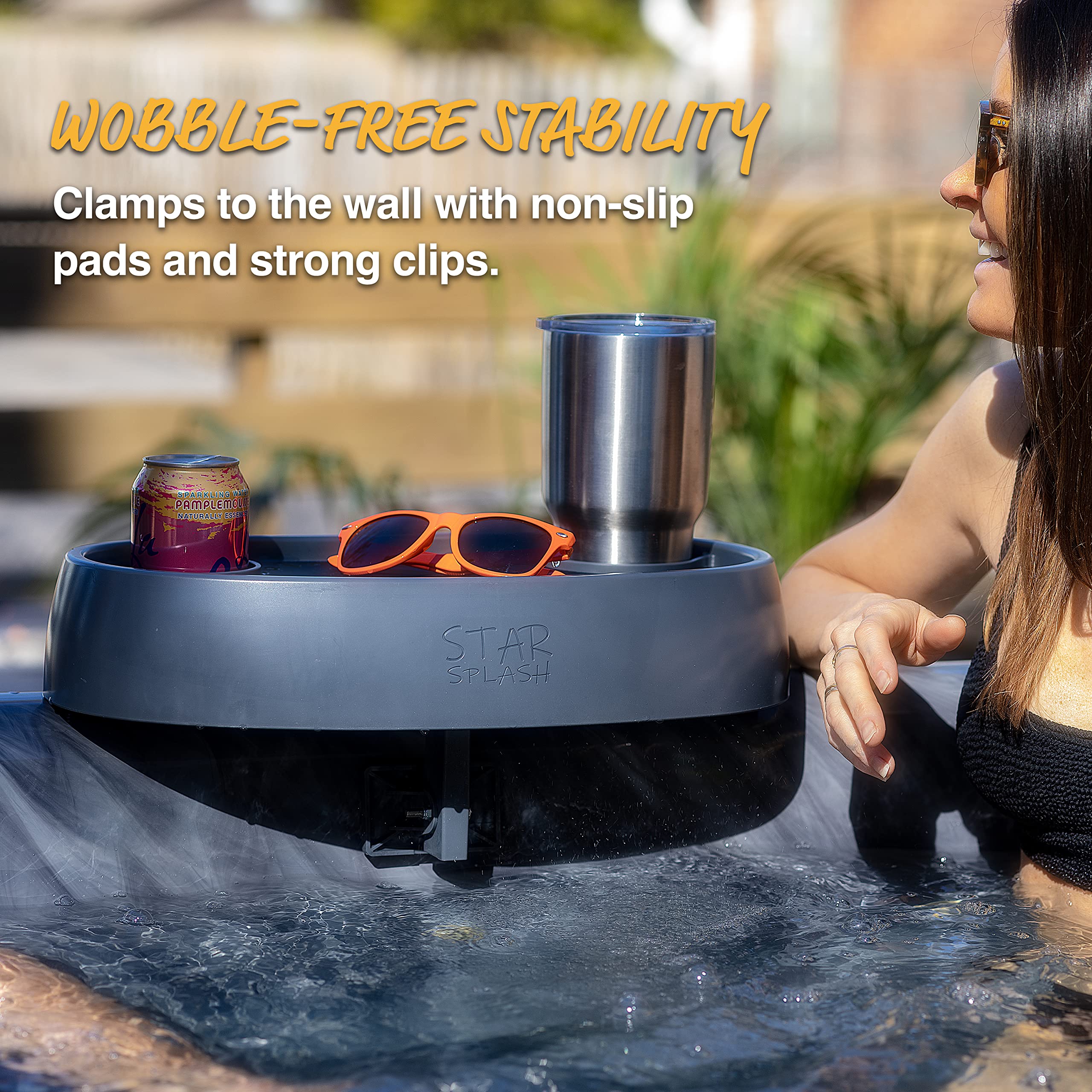 STAR SPLASH Adjustable Hot Tub Table Tray – Heavy-Duty, Nonslip Drink Caddy with Cup Holders - Clamps to Side of Aboveground Bathtub, Spa – Outdoor Patio Accessories and Supplies, 17x10x4 in.