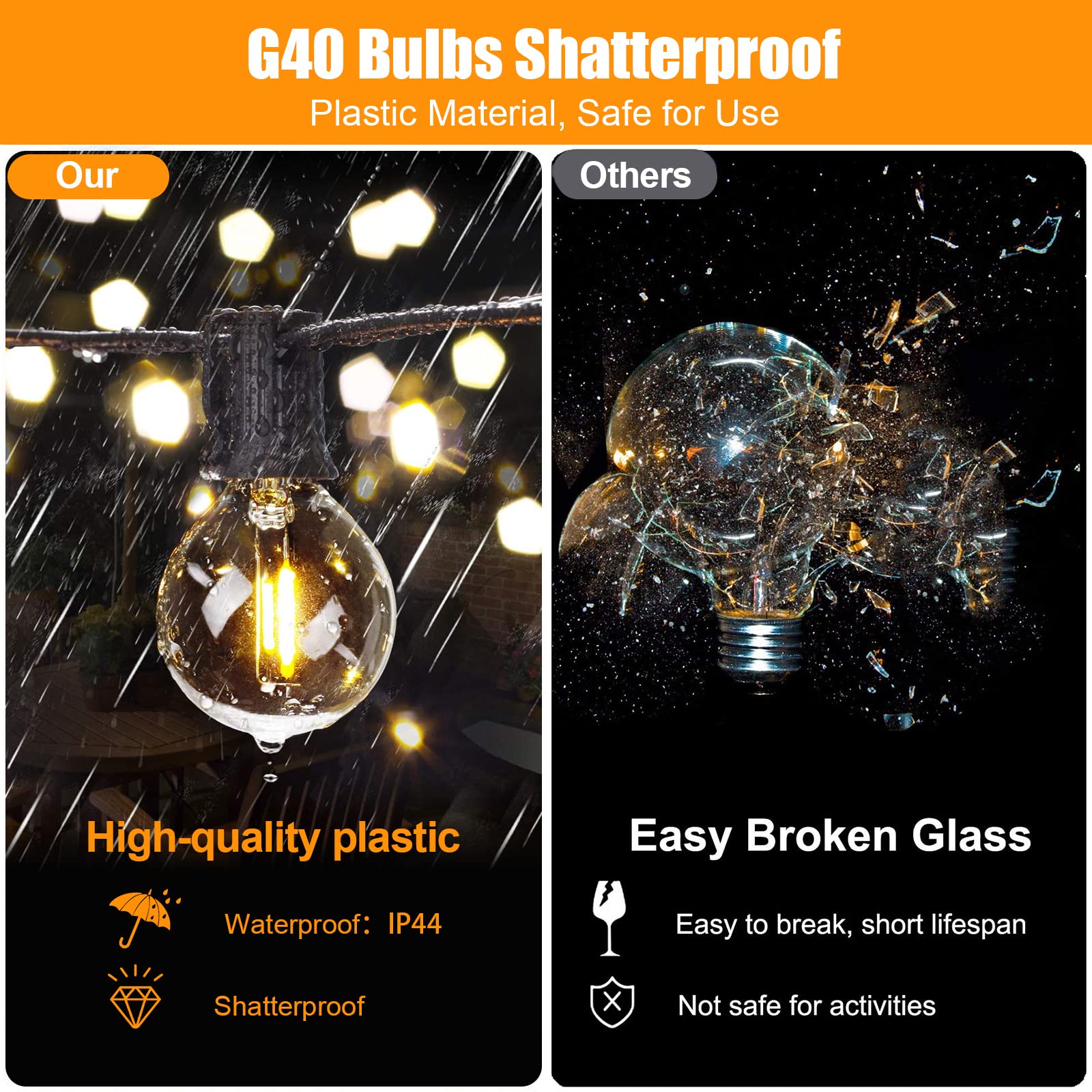 doopo 50FT Outdoor String Lights with Remote Control, USB Powered Patio Lights with 25 G40 Shatterproof LED Bulbs(1 Spare), Hanging String Light Connectable for Outside Backyard, Porch, Bistro