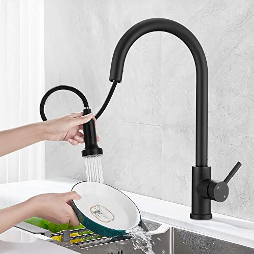 Kitchen Faucet Set,Kitchen Sink Faucets with Pull Down Sprayer and Soap Dispenser,High Arc Tall Modern Single Handle Stainless Steel with 2 Modes,Grifos De Cocina,Matte Black