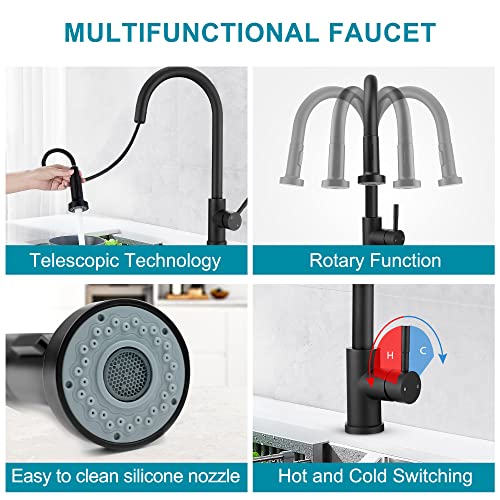 Kitchen Faucet Set,Kitchen Sink Faucets with Pull Down Sprayer and Soap Dispenser,High Arc Tall Modern Single Handle Stainless Steel with 2 Modes,Grifos De Cocina,Matte Black