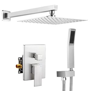 shower faucet set，rain shower system with 10 inch shower head and handheld wall mounted，high pressure rainfall shower faucet fixture combo set，shower faucet set with valve and trim, brushed nickel