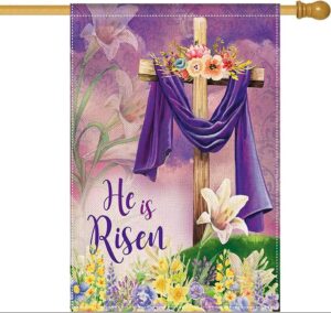 lhsion he is risen garden flag 28 x 40 inch happy easter cross religious decorative double sided burlap flag for spring easter house yard decoration