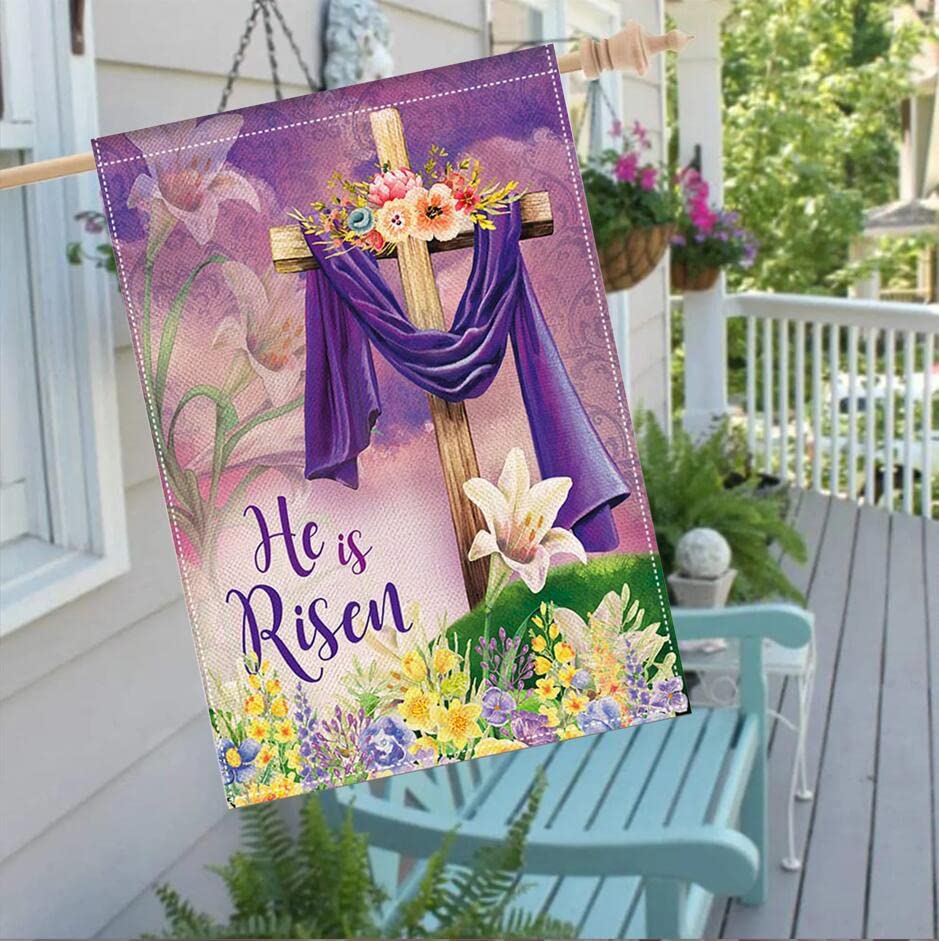 LHSION He is Risen Garden Flag 28 x 40 Inch Happy Easter Cross Religious Decorative Double Sided Burlap Flag for Spring Easter House Yard Decoration