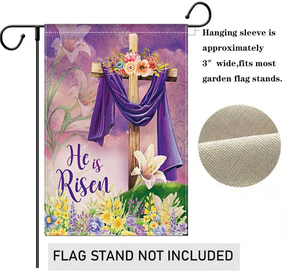 LHSION He is Risen Garden Flag 28 x 40 Inch Happy Easter Cross Religious Decorative Double Sided Burlap Flag for Spring Easter House Yard Decoration