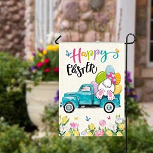 Happy Easter Bunny on The Truck Flag Vertical Double Sided Garden Flag, Indoor and Outdoor Decoration Flag, Bunny Tail and Eggs on The Bright Truck, Welcome Yard Flags for Party Home Decor