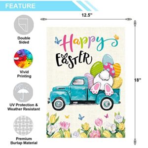 Happy Easter Bunny on The Truck Flag Vertical Double Sided Garden Flag, Indoor and Outdoor Decoration Flag, Bunny Tail and Eggs on The Bright Truck, Welcome Yard Flags for Party Home Decor