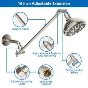 16 Inch Solid Brass Adjustable Shower Head Extension Arm, Extra Long Shower Extension Arm with Lock Joints, Flexible Height & Angle Shower Arm Extender Universal Connection, Brushed Nickel